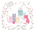 The cute baby cat and flower. Hand drawn animal cartoon style Royalty Free Stock Photo