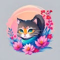 cute baby cat kitten as ninja in adorable pose with light background and colorful floral foreground