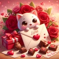 A cute baby cat with a love letter, in love scene, romantic, with red rose flower, chocolate, gift, bold painting, fantasy art Royalty Free Stock Photo