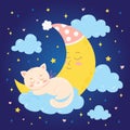 Cute baby cat sleeping on a cloud. Starry night sky with crescent. Royalty Free Stock Photo