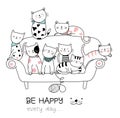 Cute baby cat with sofa cartoon hand drawn style,for printing, t shirt, banner