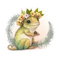 Cute baby chameleon in a floral crown made of spring flowers. Cartoon character for postcard, birthday, nursery decor.