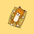 Cute baby cheetah cartoon sleeping on pillow flat vector icon illustration