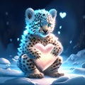 Snow Leopard Cub hugging heart Cute baby cheetah sitting on snow in winter forest with heart. Generative AI animal ai Royalty Free Stock Photo
