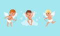 Cute Baby Cherubs Angels with Wings Set, Cute Lovely Boys Cupid Characters Shooting with Bow Cartoon Vector Illustration Royalty Free Stock Photo