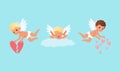 Cute Baby Cherubs with Hearts, Cute Lovely Boys Cupid Characters in Different Actions Cartoon Vector Illustration