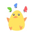 cute baby chick playing with butterfly in cartoon style. animal, poultry, livestock concept. flat vector