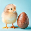 Cute baby chick standing next to chocolate Easter egg, with pale blue background Royalty Free Stock Photo