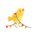 Cute baby chicken entangled in party flags, funny cartoon bird character vector Illustration on a white background Royalty Free Stock Photo