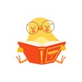 Cute baby chicken in glasses sitting on the floor and reading a book, funny cartoon bird character vector Illustration Royalty Free Stock Photo