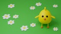 Cute baby chicken on green grass with white daisy flowers cartoon bird character 3d render illustration. Cheerful spring Royalty Free Stock Photo