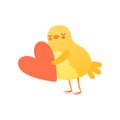 Cute baby chicken holding big red heart, funny cartoon bird character vector Illustration on a white background