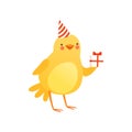 Cute baby chicken in party hat holding gift box, funny cartoon bird character vector Illustration isolated on a white Royalty Free Stock Photo