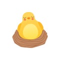 Cute baby chicken sleeping in the nest, funny cartoon bird character vector Illustration isolated on a white background Royalty Free Stock Photo