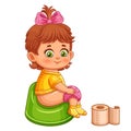 Cute baby child girl sit on potty seat with toilet paper. Toddler chamber pot training. Little infant character. Kid hygiene care Royalty Free Stock Photo