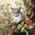 Gray Bunny Sitting On Rock: Detailed Botanical Illustrations In The Style Of John Pitre