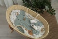 Cute baby clothes and accessories in basket bassinet at home Royalty Free Stock Photo