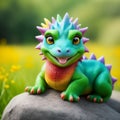 cute baby colorful dragon on mountain background. Generative AI