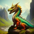 cute baby colorful dragon on mountain background. Generative AI