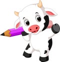 Cute baby cow holding pencil Royalty Free Stock Photo