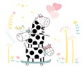 The cute baby cow with skateboard. Hand drawn cartoon style