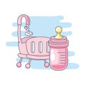 cute baby crib with bottle milk Royalty Free Stock Photo