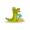 Cute baby crocodile building sand castle at the beach. Funny humanized animal. Flat vector icon