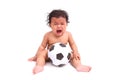 Cute baby cry with ball on white