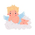 Cute baby Cupid. Adorable blond little boy angel character with wings lying on cloud cartoon vector illustration Royalty Free Stock Photo