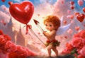 Cute baby cupid angel with arrow of love with heart shaped balloons and pink roses flowers on background Royalty Free Stock Photo