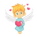 Cute Baby Cupid Angel Hugging a Heart. Cartoon illustration of Cupid character for St Valentine`s Day isolated on white. Royalty Free Stock Photo