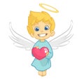Cute Baby Cupid Angel Hugging a Heart. Cartoon illustration of Cupid character for St Valentine`s Day isolated on white. Royalty Free Stock Photo
