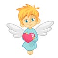 Cute Baby Cupid Angel Hugging a Heart. Cartoon illustration of Cupid character for St Valentine`s Day isolated on white. Royalty Free Stock Photo