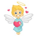 Cute Baby Cupid Angel Hugging a Heart. Cartoon illustration of Cupid character for St Valentine`s Day isolated on white Royalty Free Stock Photo
