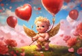 Cute baby cupid angel with recurve bow of love in roses garden with heart shaped balloons on background