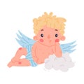 Cute baby Cupid lying on cloud. Adorable blond little boy angel character with wings cartoon vector illustration Royalty Free Stock Photo