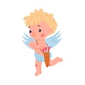 Cute baby Cupid with quiver with arrows. Adorable blond little boy angel character with wings cartoon vector