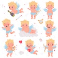 Cute baby Cupid with wings set. Adorable blond little boy angel character with champagne bottle, bow and arrow, harp Royalty Free Stock Photo