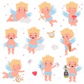 Cute baby Cupid with wings set. Adorable blond little boy angel character with champagne bottle, red heart, bow and harp Royalty Free Stock Photo