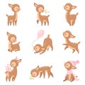 Cute Baby Deer, Adorable Brown Forest Animal in Different Situations Set Vector Illustration