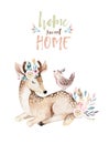 Cute baby deer animal nursery isolated illustration for children. Watercolor boho forest cartoon Birthday patry