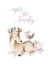 Cute baby deer animal nursery isolated illustration for children. Watercolor boho forest cartoon Birthday patry