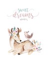 Cute baby deer animal nursery isolated illustration for children. Watercolor boho forest cartoon Birthday patry