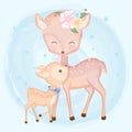 Cute baby deer and mother hand drawn animal illustration watercolor on blue Royalty Free Stock Photo