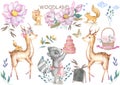 Cute baby deer and roccoon with tasty cake animal isolated illustration for children. Bohemian watercolor boho forest deer family