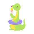 Cute Baby Dino Character Lick Ice Cream Sit with Rubber Ring Enjoy Summer Vector Illustration