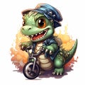 Cute baby dinosaur on a bicycle, isolated on white background