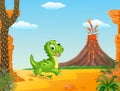 Cute baby dinosaur running in the desert background