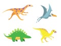 Cute baby dinosaurs. Funny cartoon dino running, standing and flying. Friendly colorful characters for children Royalty Free Stock Photo