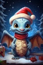 Cute baby dragon on Christmas night, happy character in winter forest. Portrait of smiling fairy animal and gifts on snow Royalty Free Stock Photo